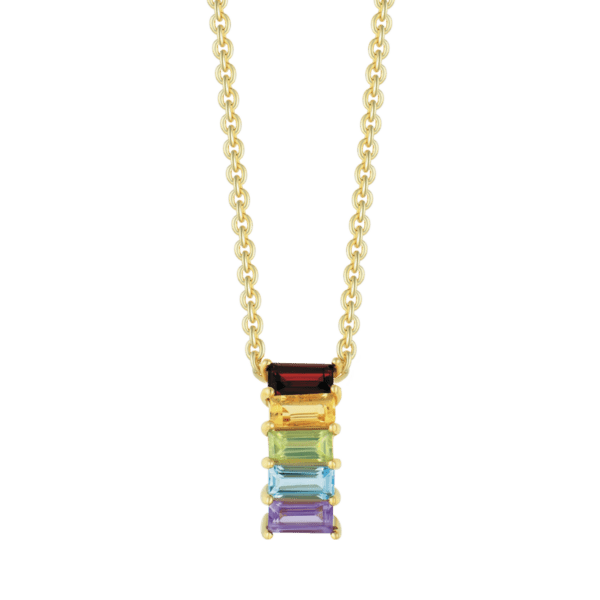 Anhänger aus 8 kt Gold mit länglichen Quadraten aus Granat, blauem Topas, Citrin, Peridot und Amethyst