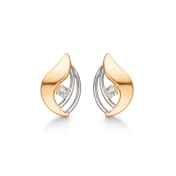 14kt. -Goldohrstecker mit 2 dünnen rhodinierten Fäden auf einer Seite und facettiertem Zirkonia in der Mitte.