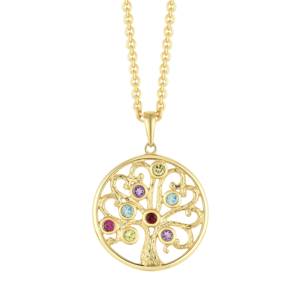 Lebensbaum Kette 14 Karat Gold mit blauem Topas, Granat, Amethyst, Rhodolith und Peridot