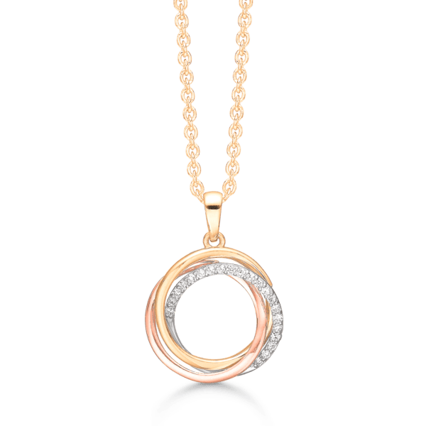 14kt. Goldkette Kreise 3 Farben geflochten Das Weiß mit Zirkonia im ½ Teil.