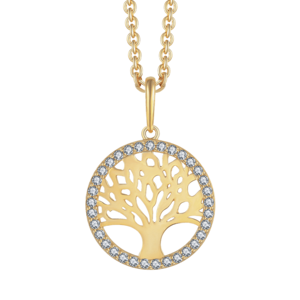 Lebensbaum Kette 14 Karat Gold Halskette Kreis, mit Zirkonia-Steinen