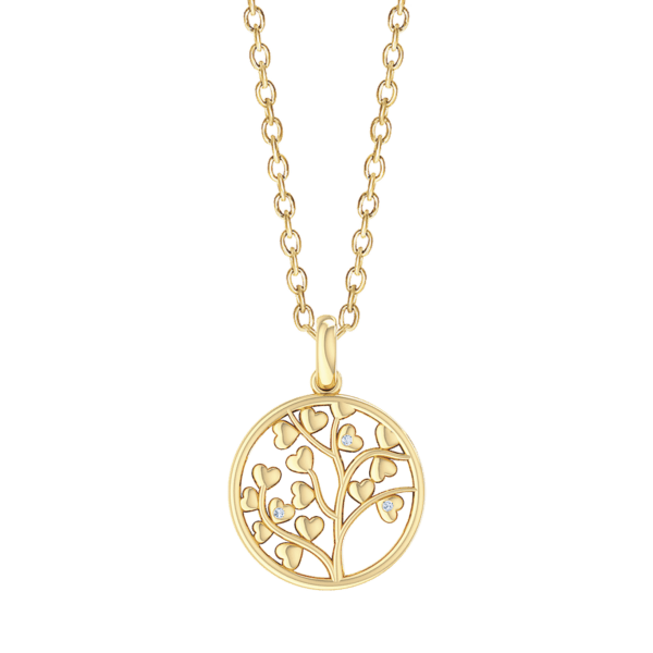 Lebensbaum Kette 14 kt Gold, in einem Kreis mit Herzblättern und Diamanten