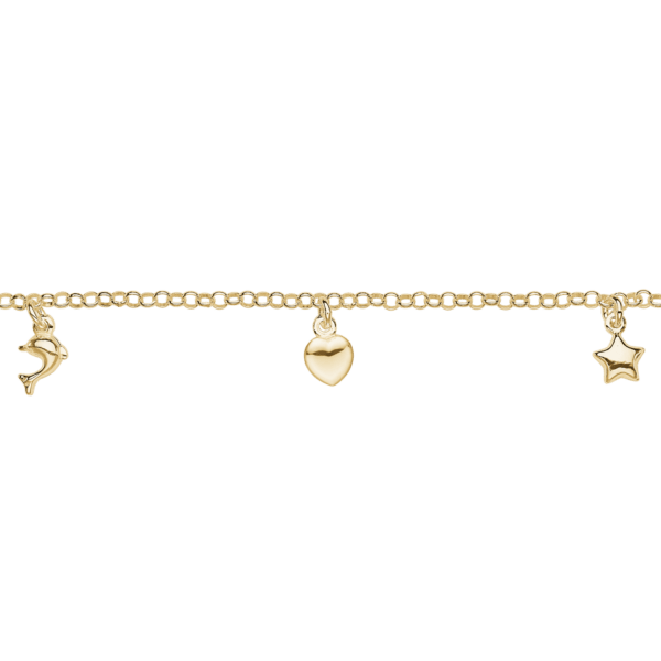 Armband aus vergoldetem Silber mit Stern, Herz und Delfin. Länge 15,4 cm.