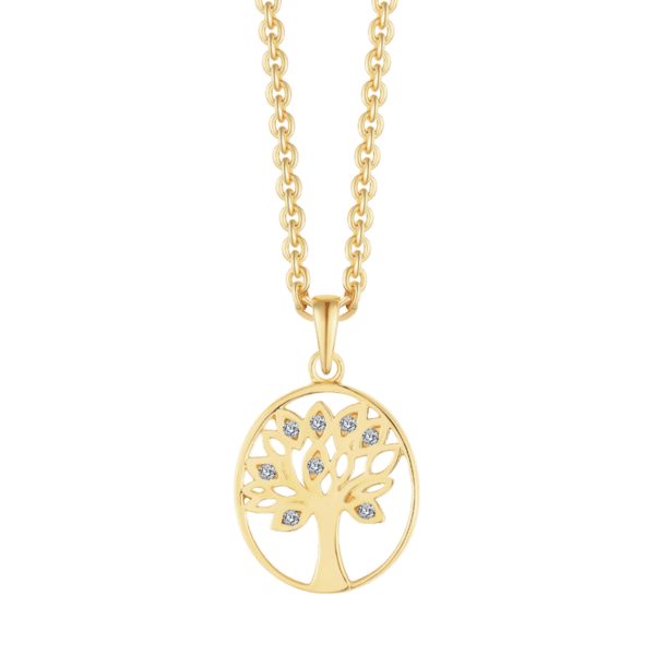 Lebensbaum Kette vergoldet in einem Oval mit Zirkonia Steinen