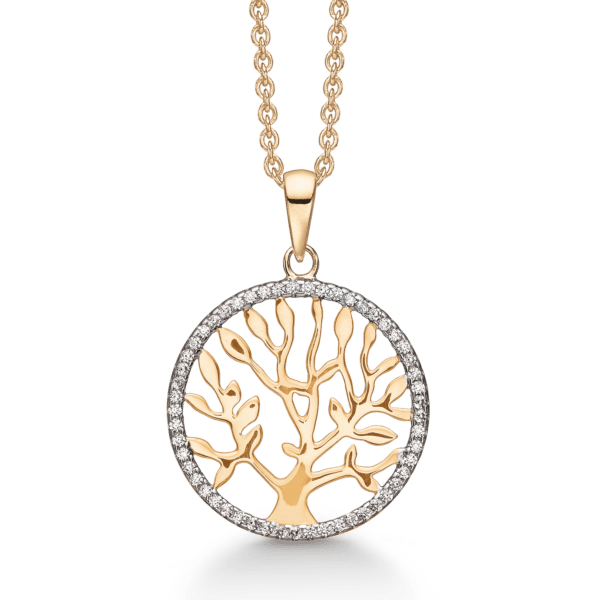 Arkandi Lebensbaum Kette 14 Karat mit Zirkonia Steinen, 42-45 cm, Ø19,5 mm