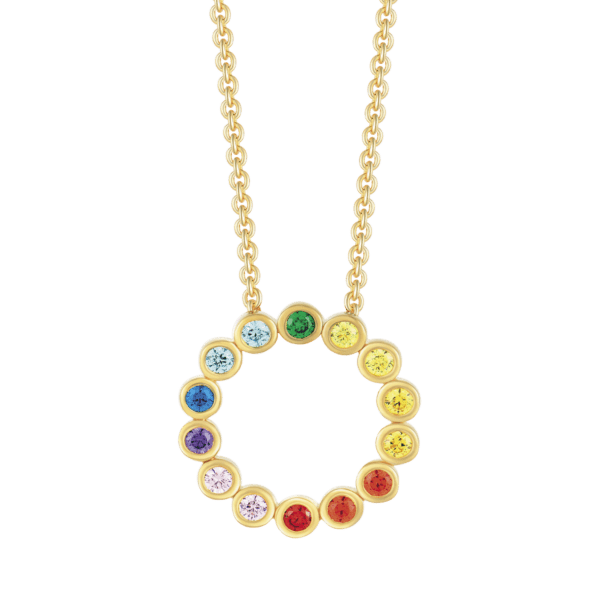 Silber vergoldete Halskette runder Ring aus Kreisen mit farbigen Zirkonia