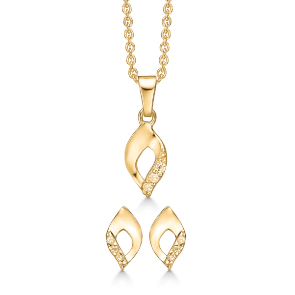Silber-vergoldetes Schmuckset gedrehte Öse mit seitlich facettiertem Zirkonia.