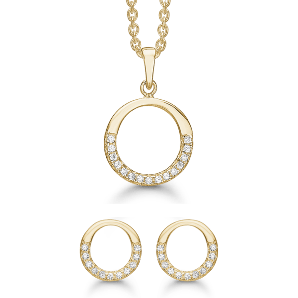 Versilbertes Schmuckset Kreis mit facettiertem Zirkonia halbrund.