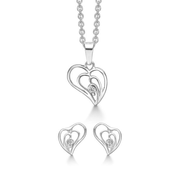 Silberschmuckset rhodiniertes Doppelherz mit facettierten Zirkonia.